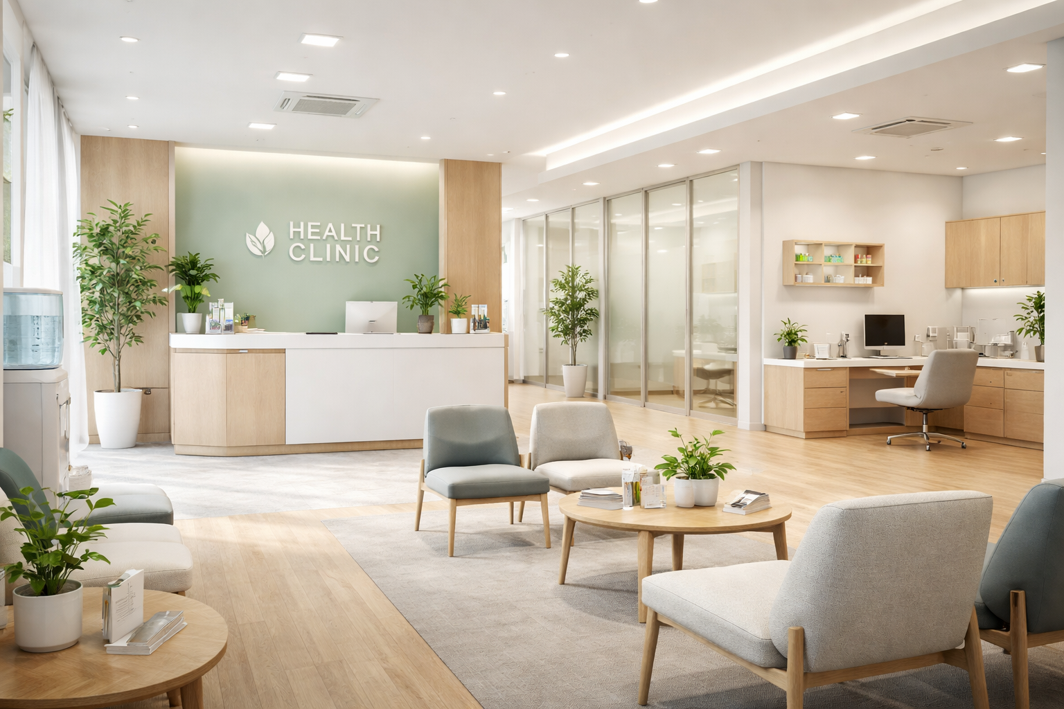 A bright, modern health clinic interior, soft lighting, relaxing atmosphere, highly detailed, photorealistic, 8k, no woman